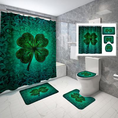 Luxury Four Leaf Clover Pattern Shower Curtain Set Lucky Green Bathroom Decor with Anti Slip Carpet and Toilet Lid Pad Machine Washable Bath