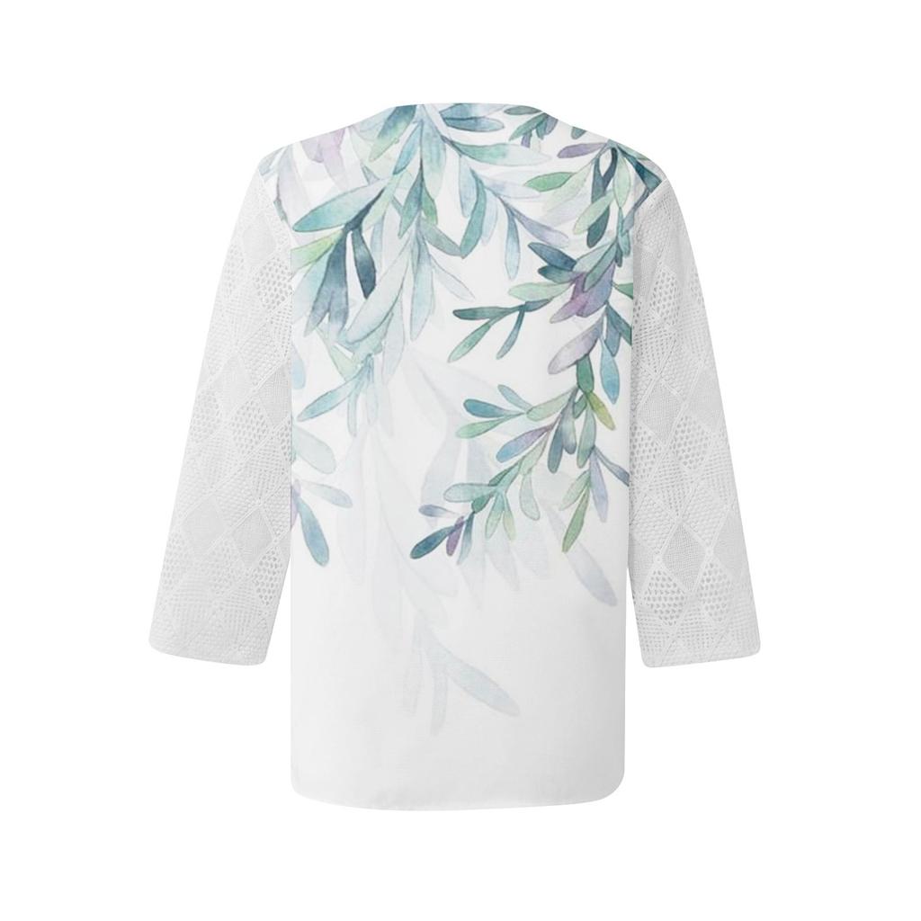 Women V Neck 3/4 Sleeve Shirts Print Lace Casual Blouse Loose Work Tunic Tops