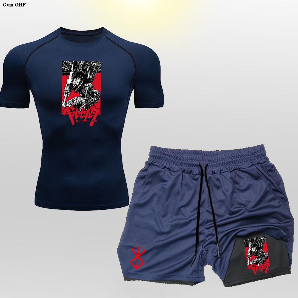 Berserk Anime Herren Schnelltrocknendes Sportset: Fitness-Outfit mit Kurzarmshirt und Shorts Asia M Top - Euro M Bottom black