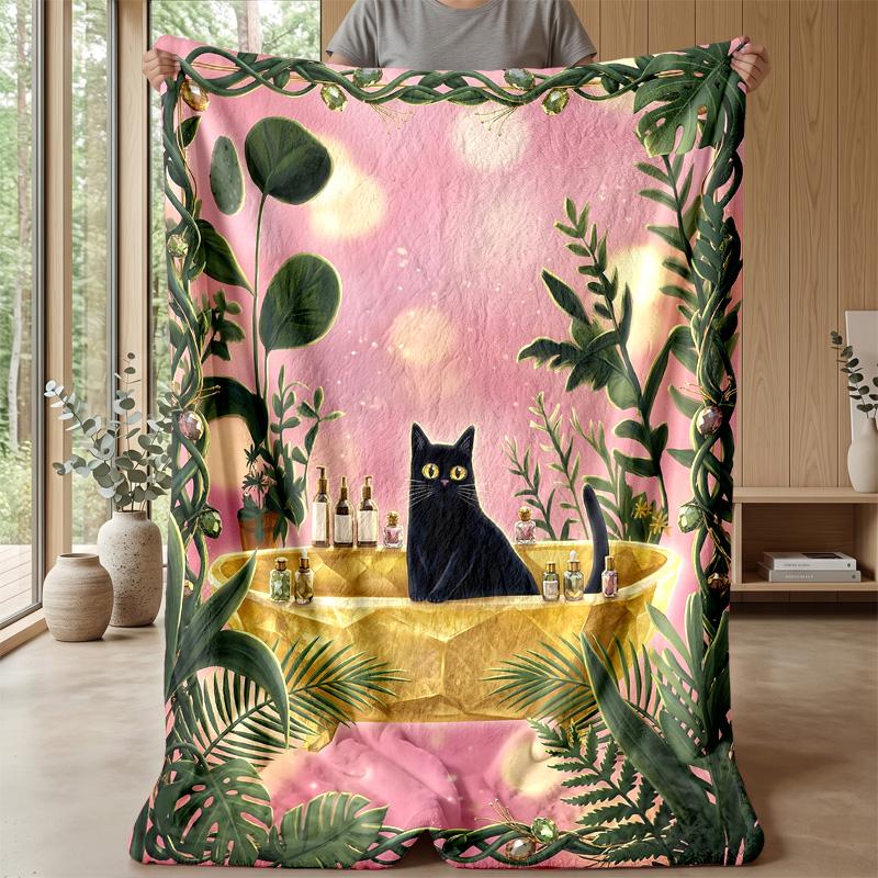 Black Cat in Basket blanket Personalized Name Flannel Blanket Soft Cozy Plush Throw for Sofa Bed Lightweight Home Decor