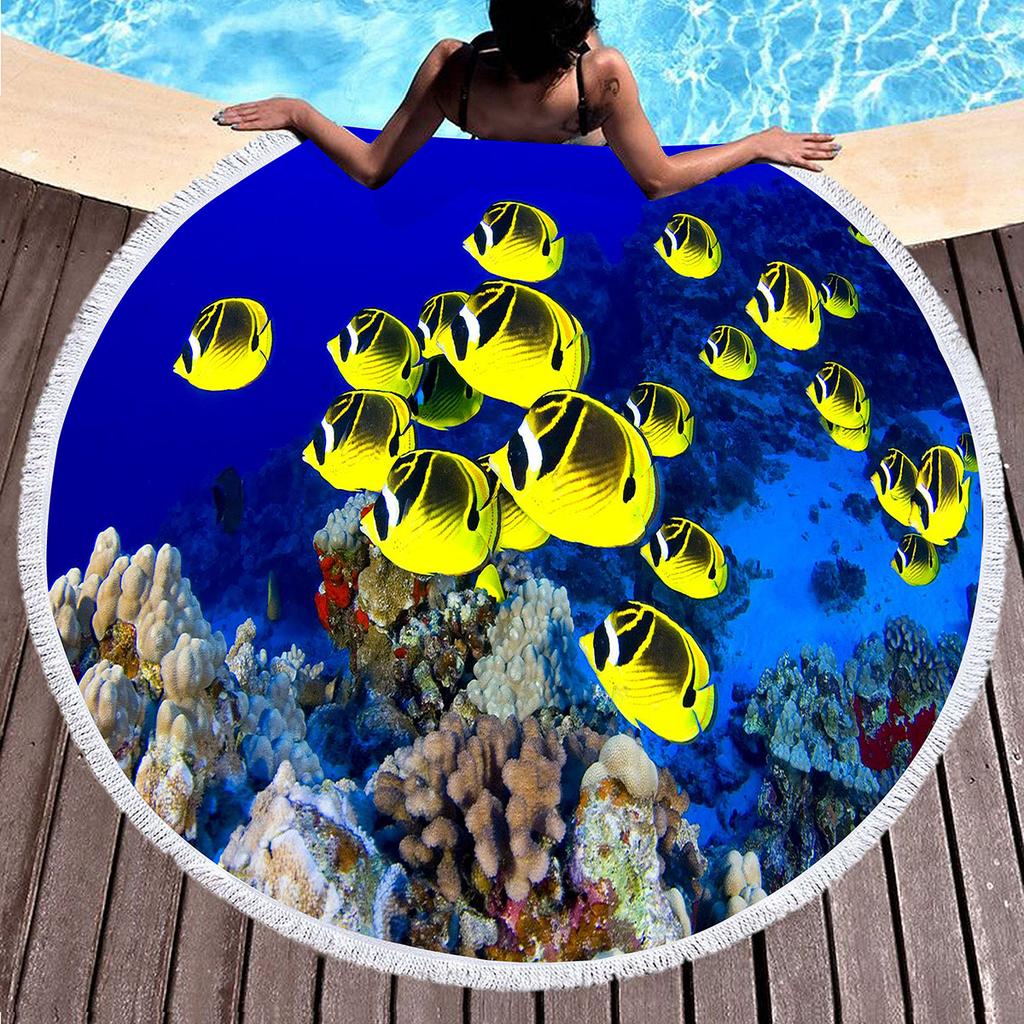 Ocean Hawaiian Tropical Sea Fish Print Round Beach Towel, Soft Microfiber Sealife Beach Blanket,Absorbent Quick Dry Pool Towel
