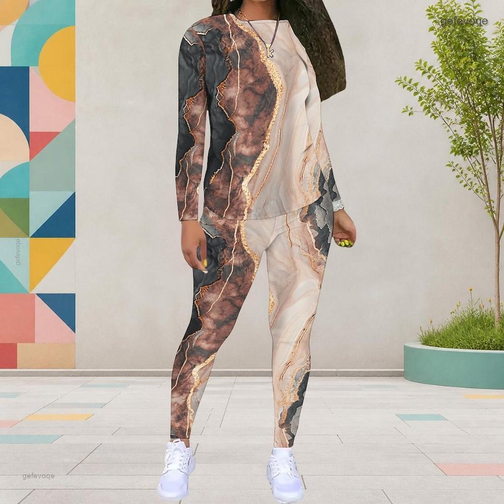 Women Plus Size Round Neck Long Sleeve Printed Top And Fitted Pants Two Piece Set