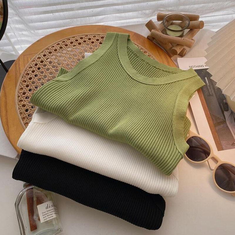Green Knit Tank Top Sleeveless Short Women's Crop Top Solid Color Inner Wear Outer Skinny Short Vest Korean Fashion