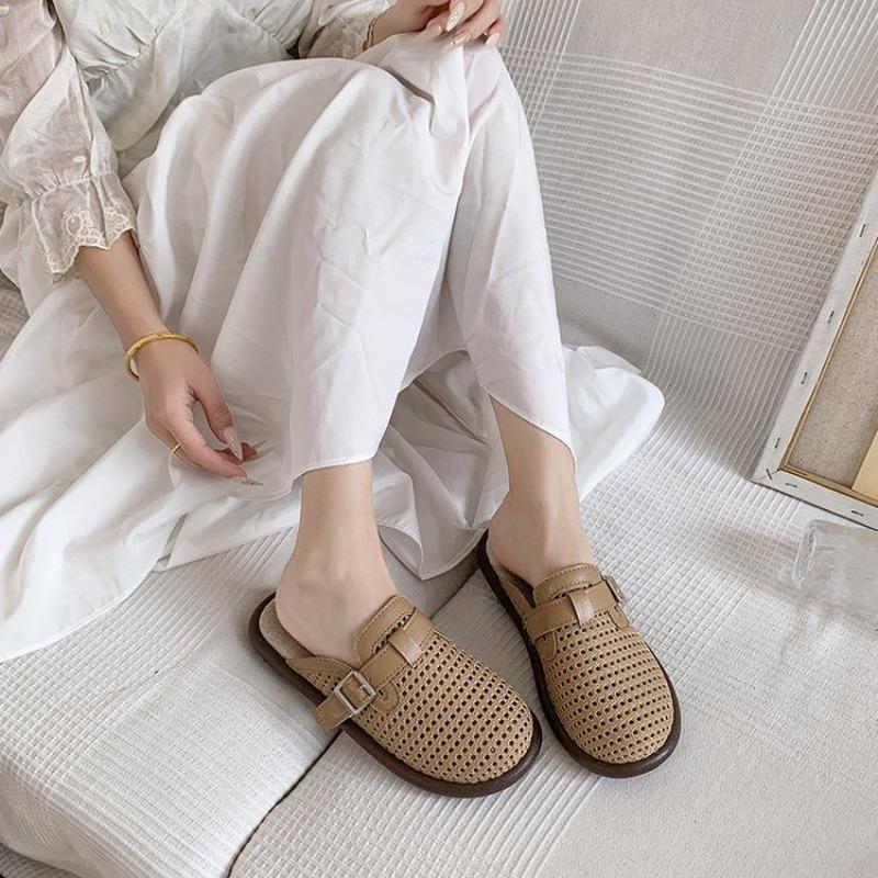 Fashion Flat Half Slippers Genuine Leather 2025 Summer Soft-soled Casual Women's Sandals Large Hollow Out Female Slides Buckle