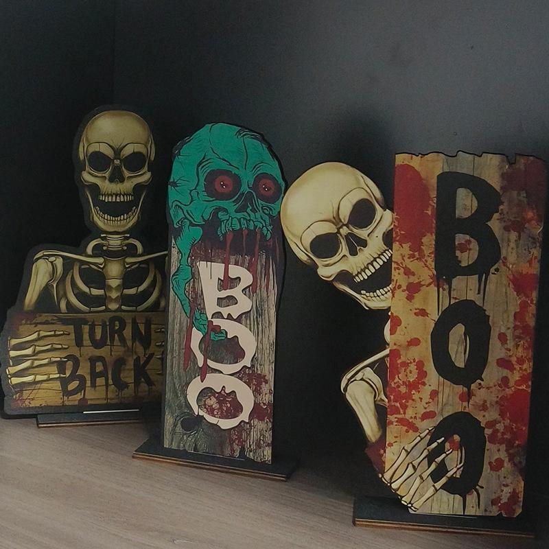 1Pcs Vintage Halloween Wooden Decorations - Gothic Cross Ghost Desktop Ornament For Spooky Party Creative Home Decor