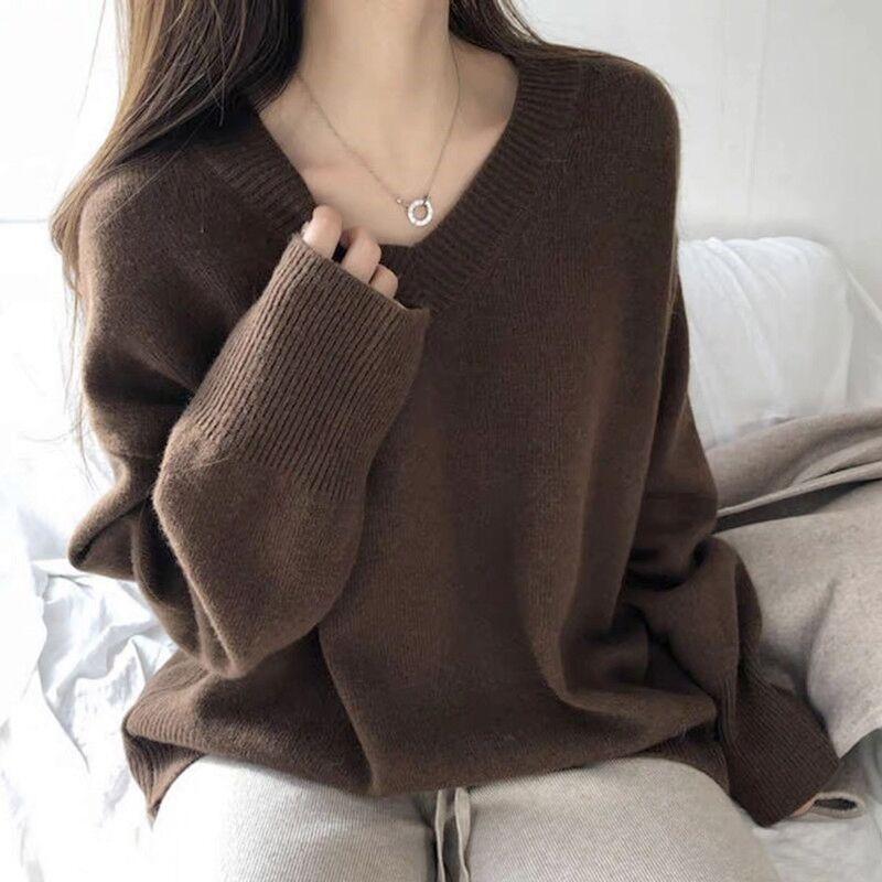 Casual V-neck Loose Pullover Knitted Women Sweater Autumn and Winter Fashion Bottoming Shirt Elegant Office Ladies Long Sleeve Sweater Solid Color Top
