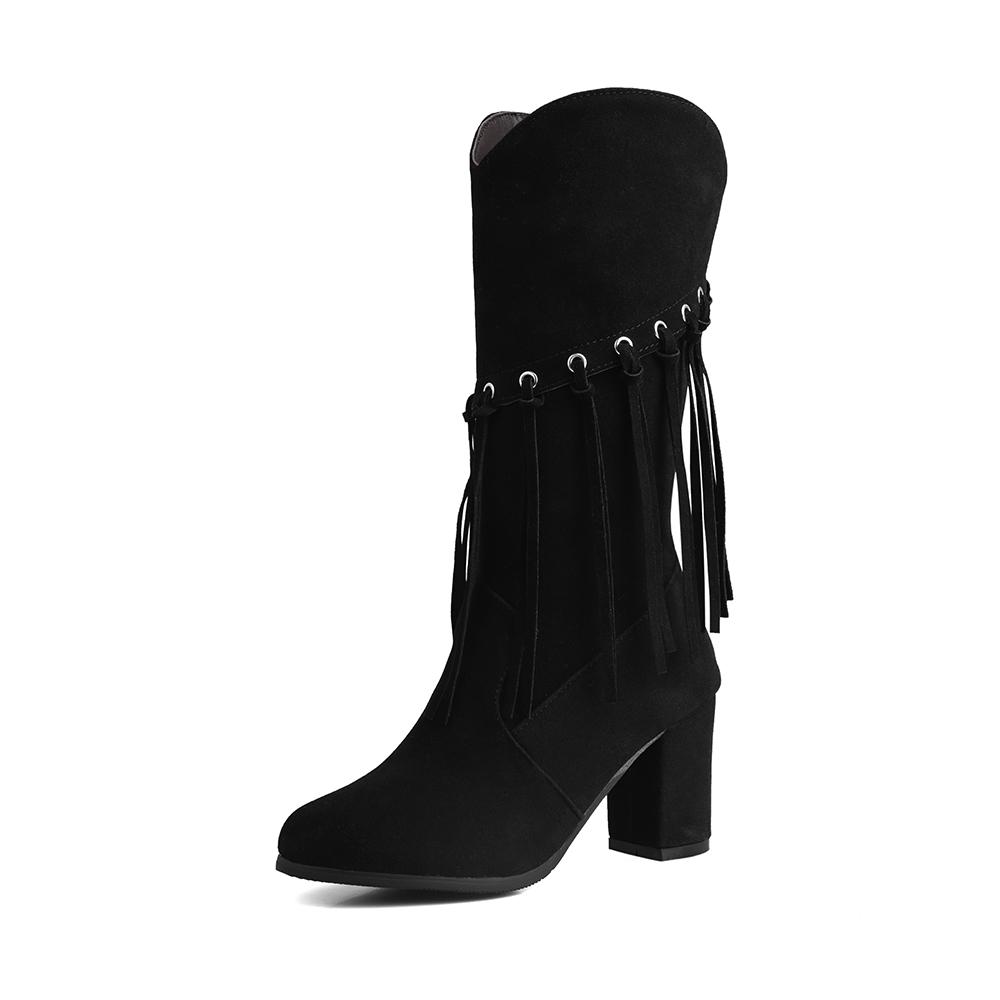 Winter Black Yellow Women Mid Calf Boots Round Toe High Heel Small Big Size 33 52