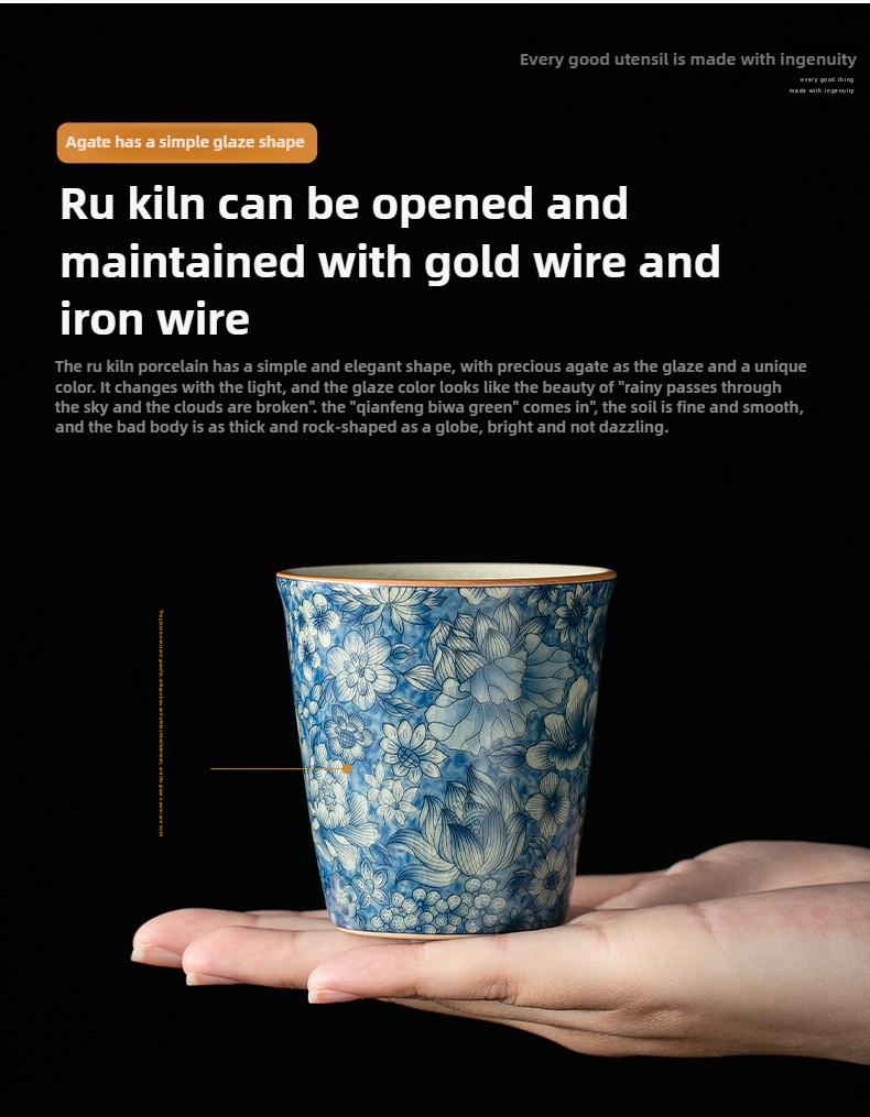 Antique Blue White Ceramic Teacup - Ru Kiln Crackle Glaze, Kung Fu Tea Set, Seasonable Single Cup for Tea Lovers, Personal Use