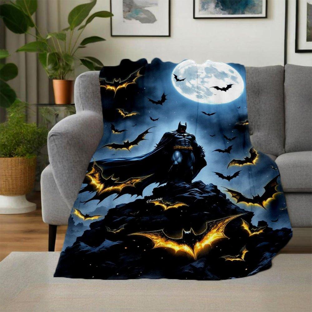 "Batman Moonlit Night Poster: Gotham's Guardian in Full Glory"Blanket Flannel Throw Blanket for Sofa, Bed, Travel, Camping, Office