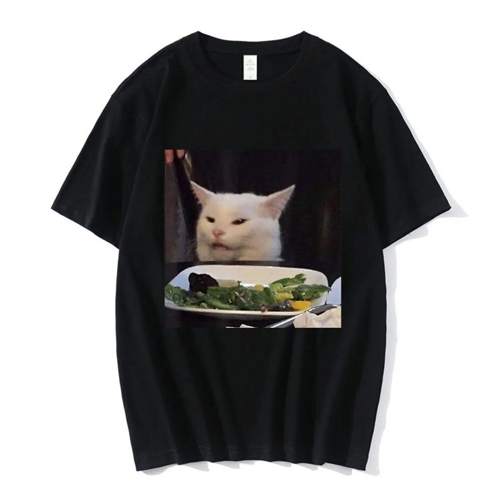 

Dinner Table Cat Meme T Shirt Funny Internet Yelling Confused T-shirt Unisex s 100% Cotton Oversized Short Sleeve T-Shirts Harajuku