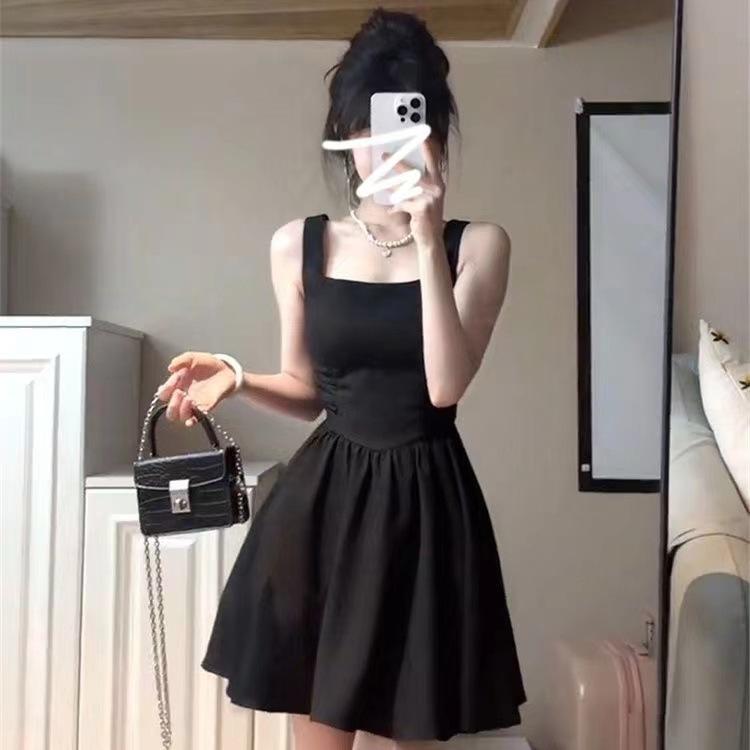 New black French suspender waist summer small black dress temperament dress small Hepburn slim skirt