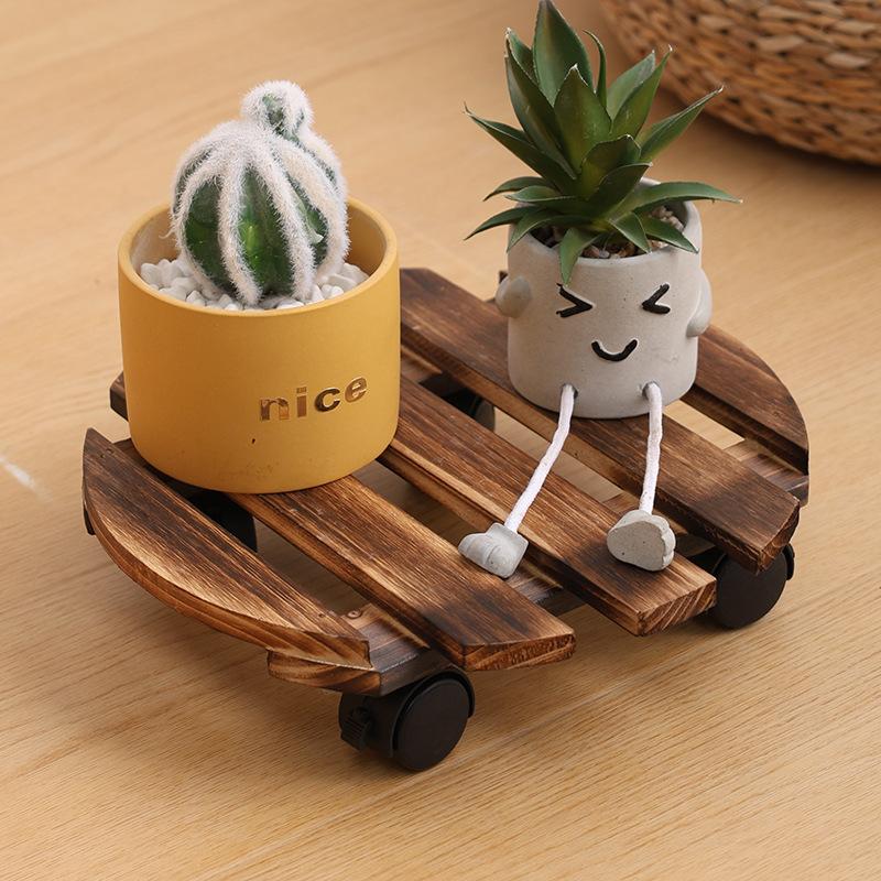 1pc Solid Wood Planter Stand, Round Wheel Bonsai Display Holder for Flower Pot Garden Decor