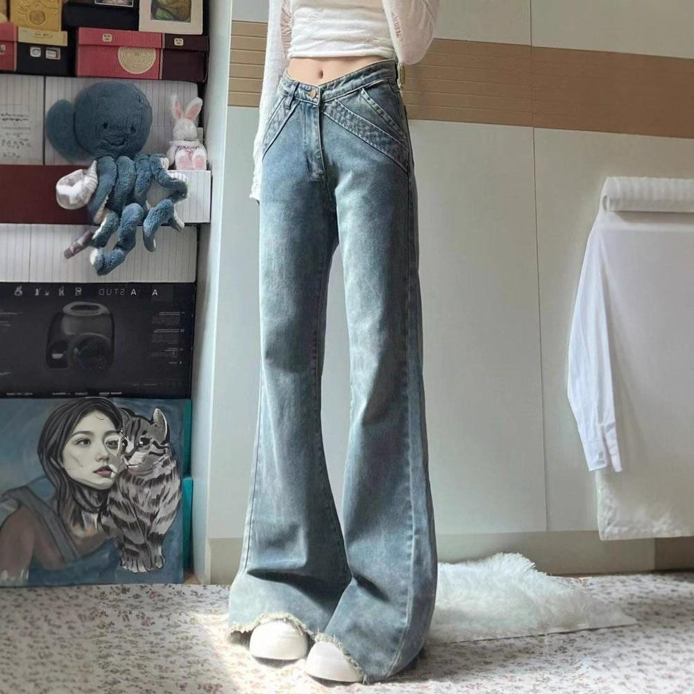 Vintage Raw Edge Micro Flare Jeans Women Summer Slim Covering Flesh Skinny Hundred Flare Pants Retro Street Style Baggy Long Jeans for Ladies
