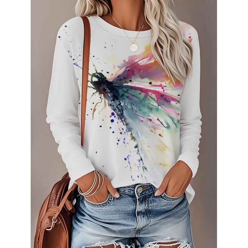 Womens Loose Fit Long Sleeve Round Neck Tee With 3D Peacock Cat Print - Milk Silk Fabric 2025 Casual Top