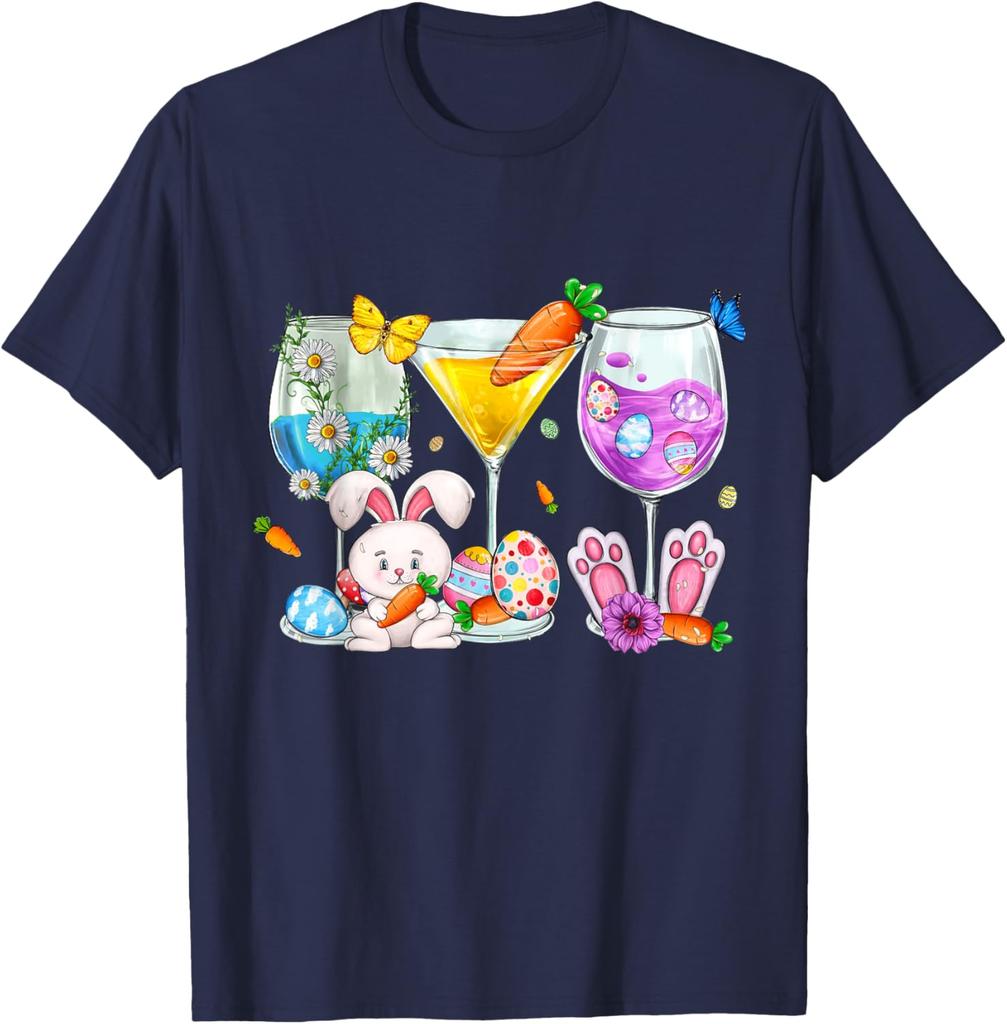 Easter Bunny Cocktail Glasses Wine Lover Martini Graphic T-Shirt Casual Daily Crew Neck Tee