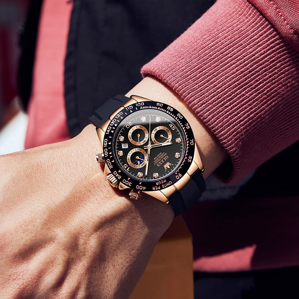 OLEVS Men's Sports Quartz Chronograph Watch Black Silicone Strap Rose Black Dial Date Display 41.5mm Waterproof