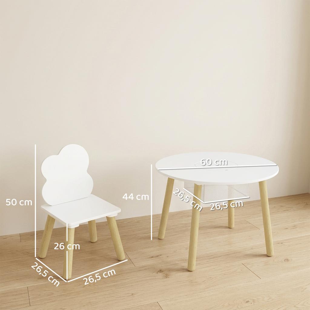 Children's table with chair, table and 2 chairs set in wood with storage bag for drawing, playing, studying, white
