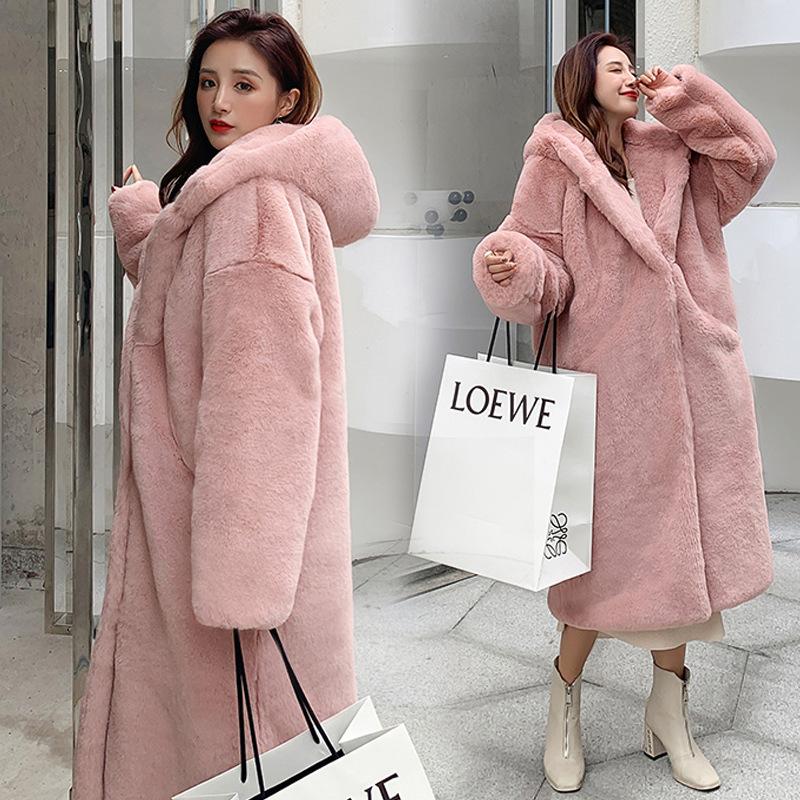 Autumn and winter thickened imitation rabbit fur long hooded loose knee jacket women's plush coat imitation fur