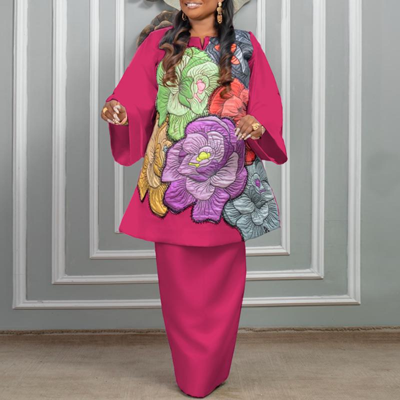 Oversized Two Picecs Women Long Sleeve Print Tunic Tops and Straight Pants Sets