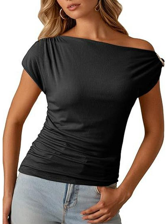 2026 European & American Off-Shoulder Cinched Waist Fashion Pullover Women's T-Shirt