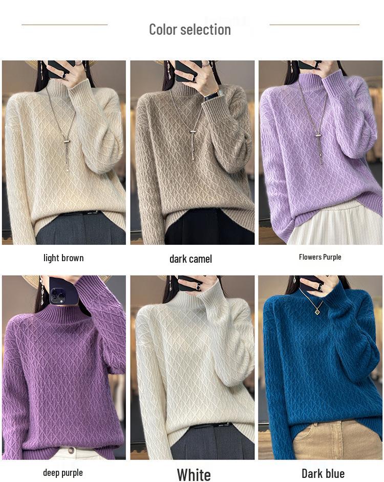 Women's Cashmere Diamond Knit Pullover: Half-High Collar, Thick, Loose-Fit, Korean Style Winter Sweater.