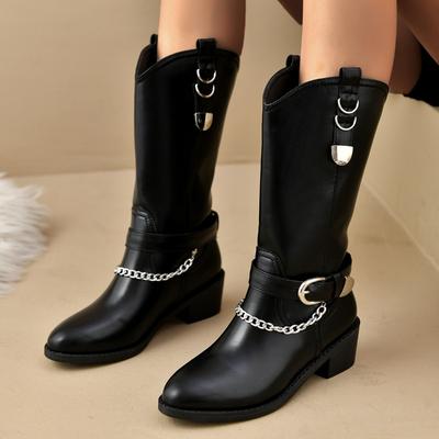Damen Casual und Vielseitige Mittelhohe Stiefel Neu Herbst Runde Zehenkette Blockabsatz Einfarbig Mode Stiefel