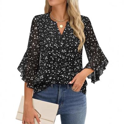 Blouse à Manches Trois-quarts Feuille de Lotus Couleur Unie Mode Décontractée Ample Col en V Chemise d'Affaires Chiffon Vêtements pour Femmes