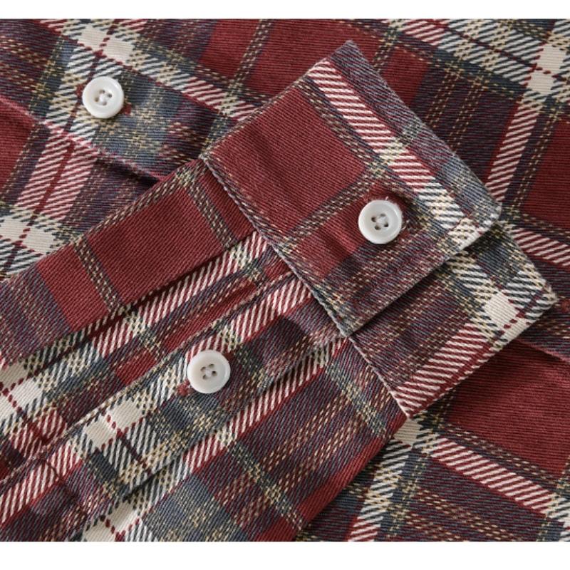 Japanese Style Long Sleeve Plaid Shirt Men Spring Fall Daily Men's Casual Shirt Pocket Turn-down Collar 100Cotton Button Shirt