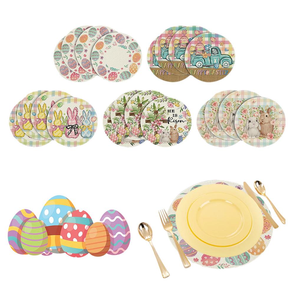 4 PCS/Set Easter Round Placemats Linen Spring Farmhouse Round Table Mats Easter Placemats for Easter Party Dining Decoration