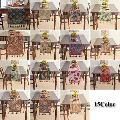 Chinese Style Vintage Tassel Table Runner Jacquard Living Room Bed Tail Coffee Dining Table Decoration Accessories Rustic Decor