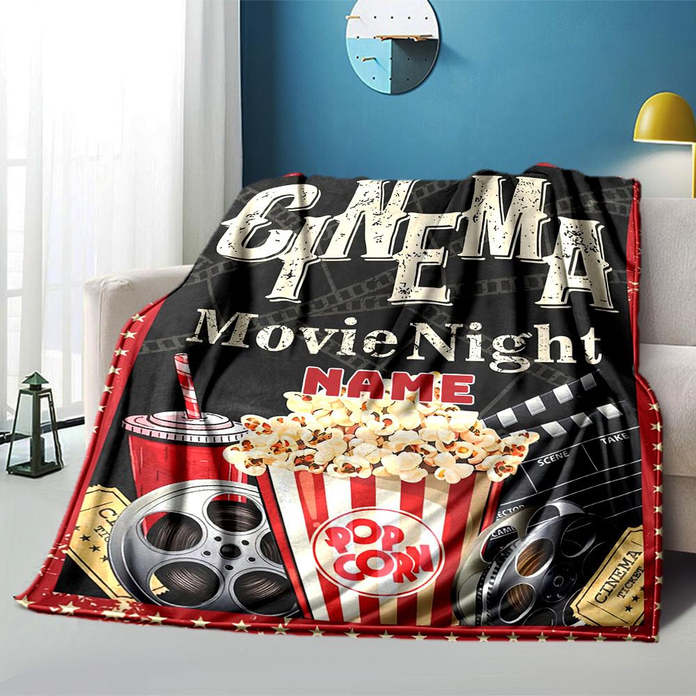 Cinema Movie Night Popcorn And Soda Fun Cozy Customizable Blanket Text Ultrasoft Throw For Sofa Couch Office Bed Picnics Ideal For All Seasons Modern