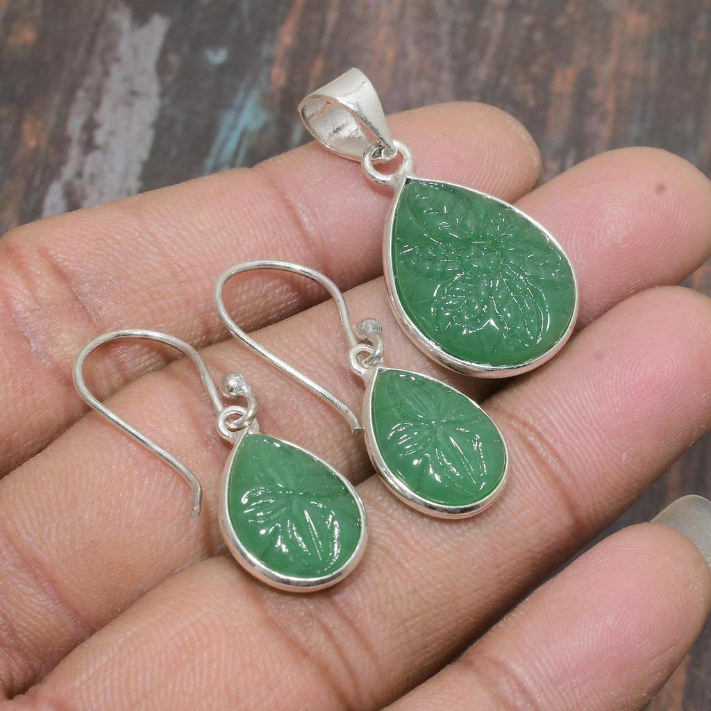 Green Onyx Gemstone Solid 925 Sterling Silver Handmade Pendant+Earring Jewelry Set