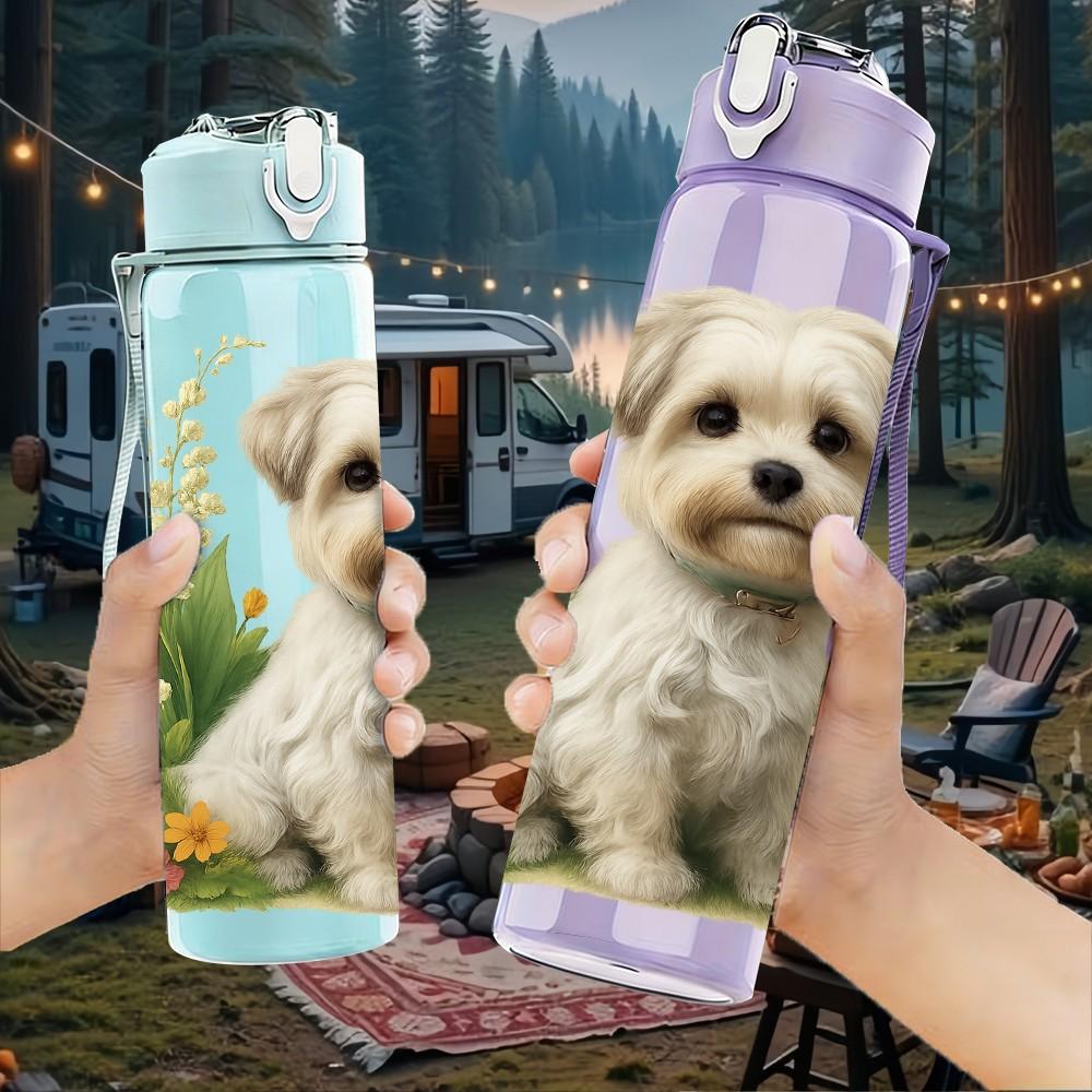 1PC Puppy Surrounded By Grass Print 750ml Color Plastic Sports Water Bottle Leakproof Flip Straw Lid Suitable for Sports Office Home Use