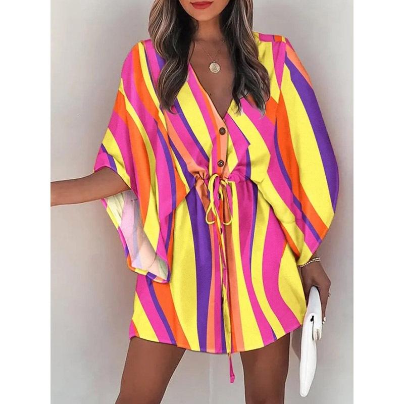 2026 Frühling Damen V-Ausschnitt Fledermausärmel Tropischer Print Kordelzug Taille Mini Strandkleid Urlaubs Überwurf Kurzes Kleid