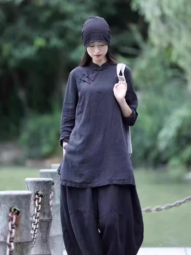 2026 Spring/Summer Retro Frog Button Cotton Linen Mid-Length Zen Tea Ceremony Top