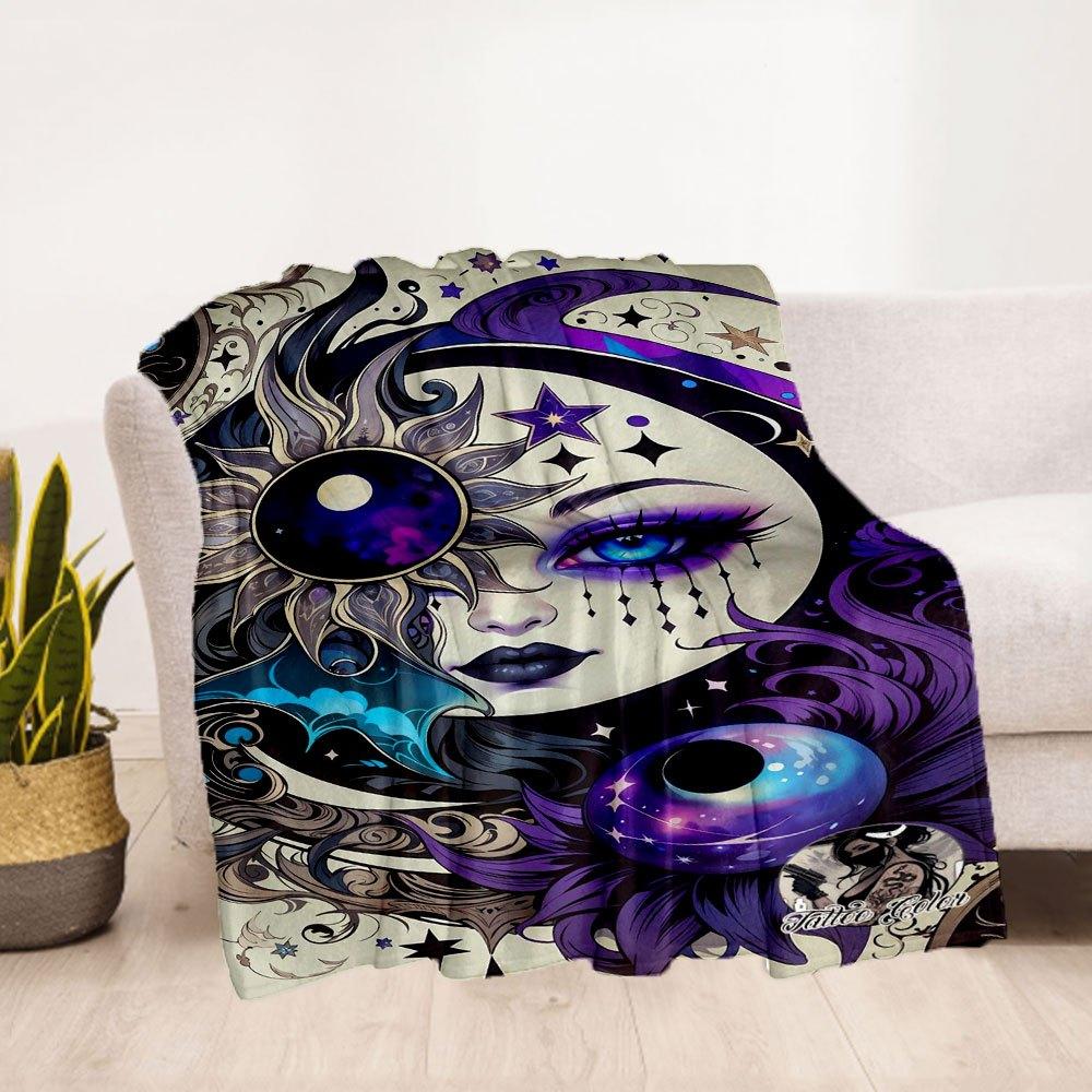 "Galactic Moon Goddess Tattoo Design Art Print"Blanket Flannel Throw Blanket for Sofa, Bed, Travel, Camping, Office