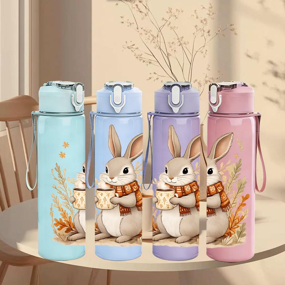1PC Cute Easter Bunny Animal Print 750ml Color Plastic Sports Water Bottle Leakproof Flip Straw Lid Suitable for Sports Office Home Use