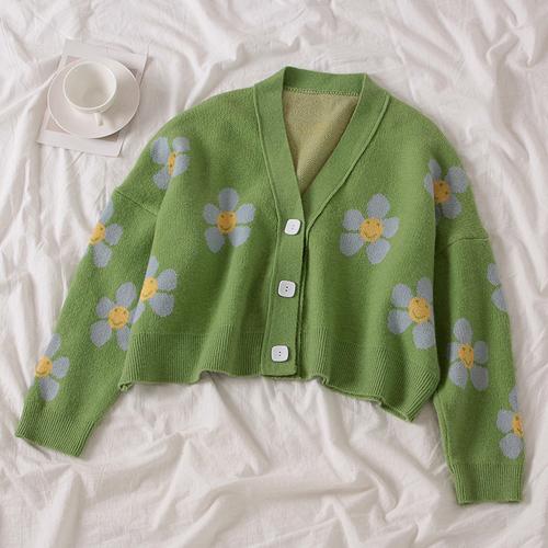 Preppy Style Flower Knit Cardigans Sweater Women V-Neck Loose Elegaht Thicked Pull Femme Print Short Casual Coat