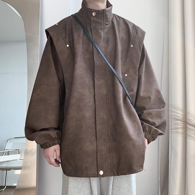 Retro Nubuck Leather Jacket Spring and Autumn New Men's Korean Style Loose Stand-up Collar Leather Jacket Trendy Casual Jacket for Men