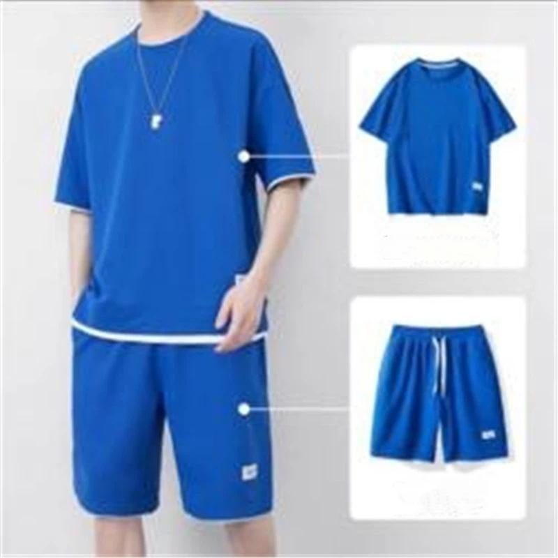 Herren Waffelstrick Lässiges Sportset Sommer Eisgefühl Fake Zweiteiler Kurzarm Shorts Zweiteiler Anzug