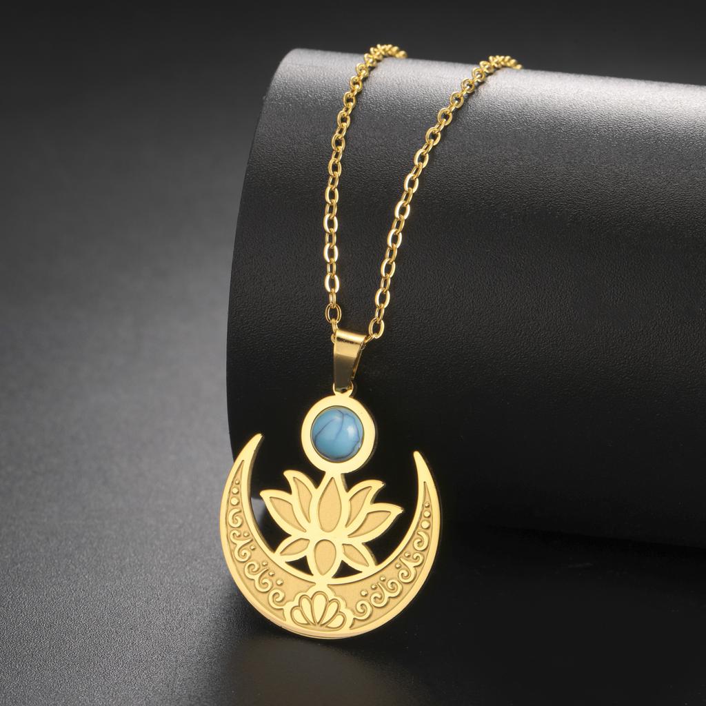 LIKGREAT Lotus Flower Necklace for Women Stainless Steel Healing Engrave Crescent Yoga Pendant Buddhism Amulet Jewelry