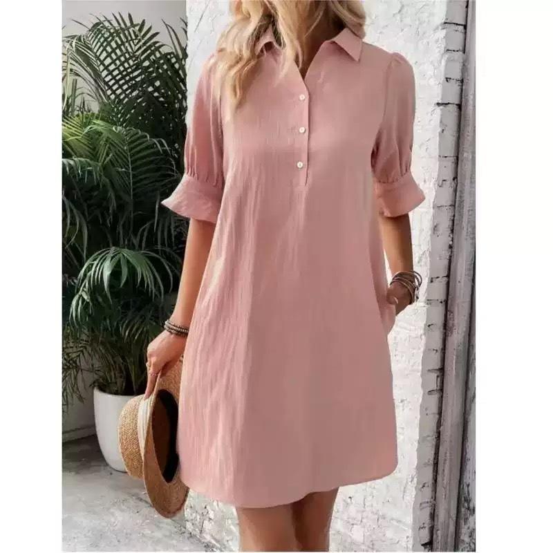 Women's Spring Autumn Casual Loose Solid Color Shirt Dress, Lapel Collar Short Sleeve Button Down A-Line Mini Daily Wear Dress