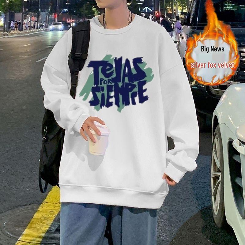 Men's Retro Silver Fox Fleece Sweatshirt - Warm, Loose, Crew Neck, Long-Sleeved, Autumn/Winter Fashion.