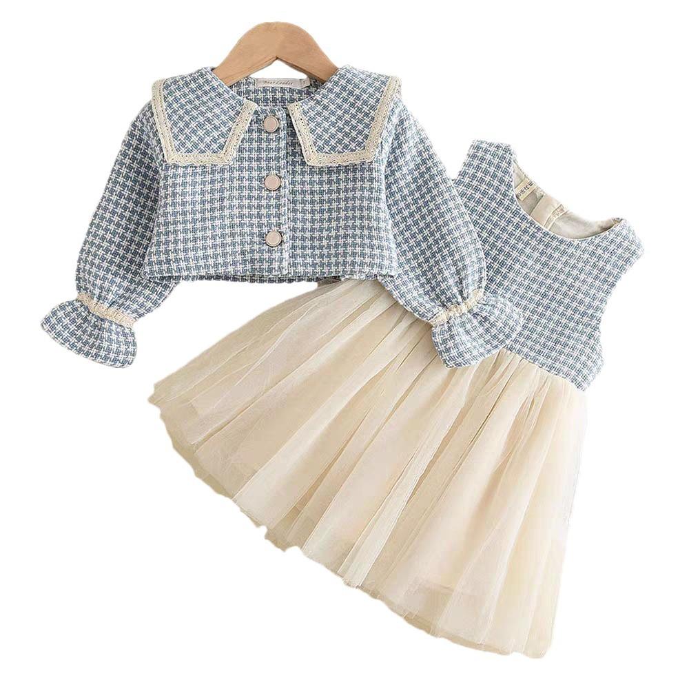 Mädchen Pepita Tweed Set Frühling Herbst Prinzessin Weste Kleid Und Jacke Zweiteiliges Outfit Für Kinder