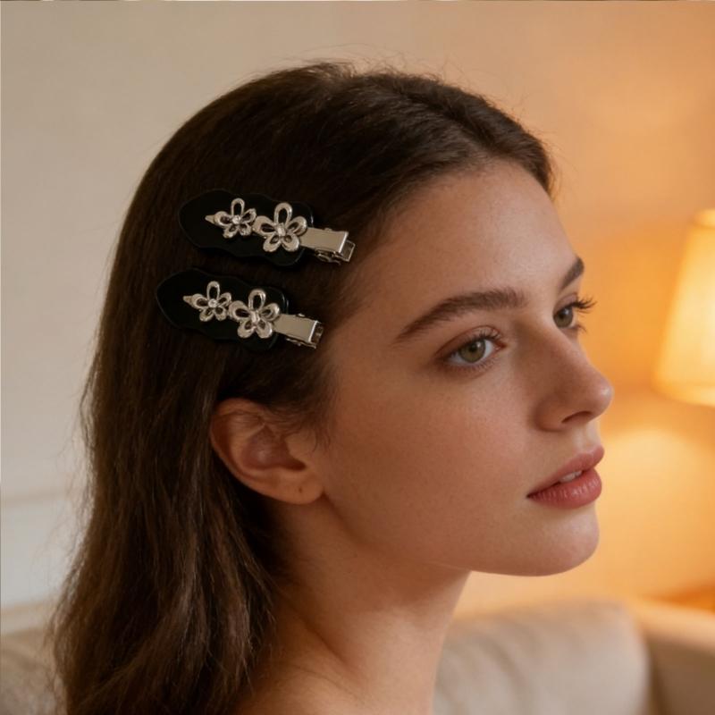 Punk Barrettes Hair Clip Floral Sweet Metallic Flower Flat Clip Hairpin Flower Floral 2000s Hair Clip for Bunches