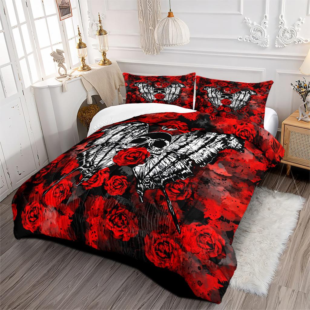 Black Skull Rose Halloween Quilted Comforter Set - 3 Piece