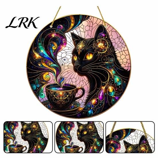 Decorative Craft Board Tag Moon Cat Halloween Window Hanging Decor, Mystical Black Round Sign Door Plaque for Indoor Outdoor Wall Art, Gothic