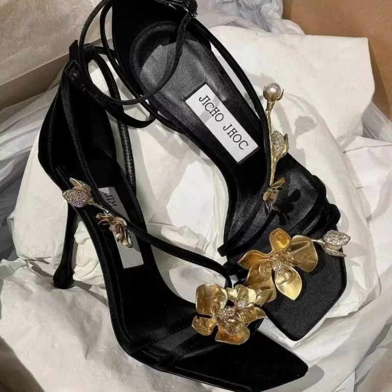 Women's Fashion Bag Heel Sandals Summer New Square Head Open Toe Metal Flower Anti-slip Wear-resistant Stiletto Heels