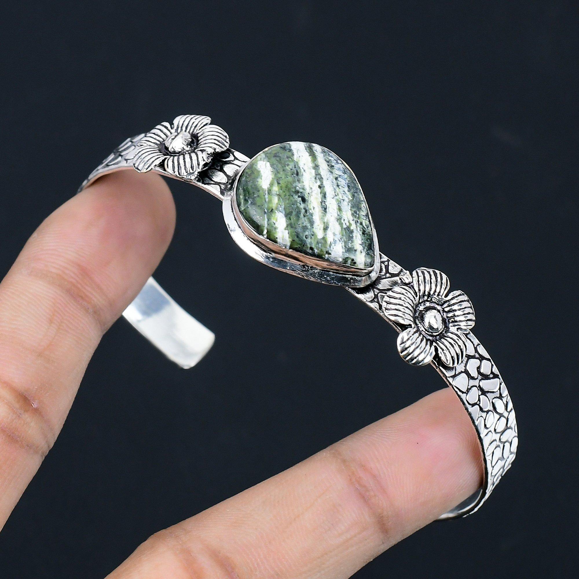 

Mothers day Deal Sterling Silver Green Swiss Opal Stone Flower Bangle Jewelry Adjustable
