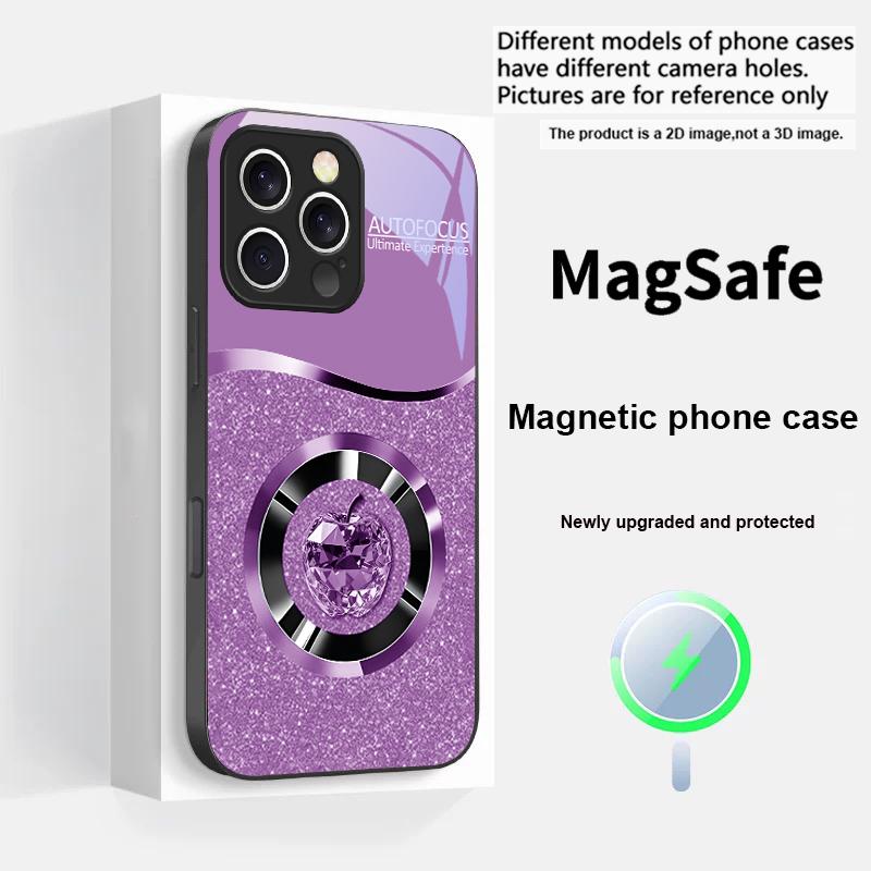 Crystal Purple Apple For iPhone 16 E 15 14 13 Plus 12 mini 11 Pro Max XR Xs Max 16E X 7 8 Plus 2022 Magsafe Glass Phone Case